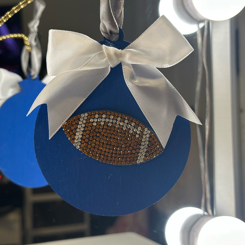 Blue Football Wood Ornament with White Bow